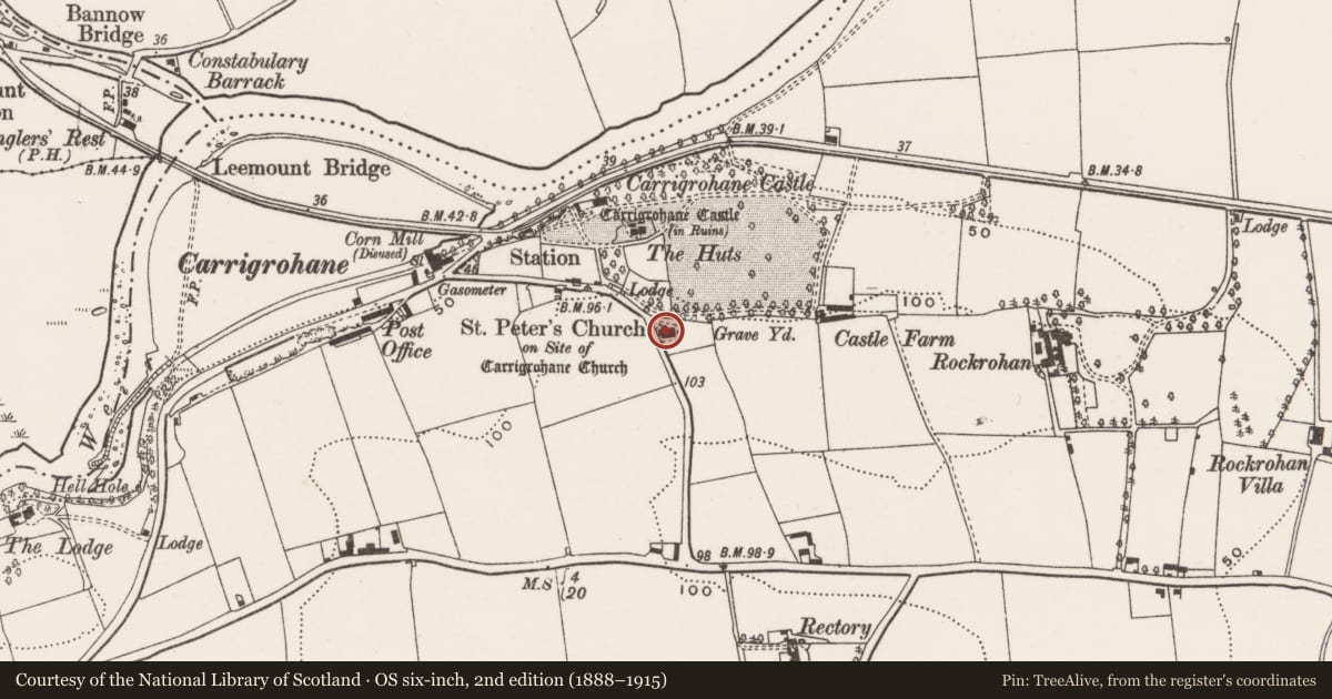 Ordnance Survey six-inch map, 2nd edition (1888–1915) covering the location of Church, Carrigrohane, County Cork, with a pin at the register's coordinates