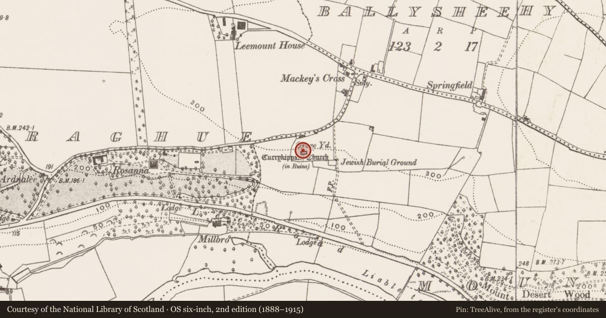 Ordnance Survey six-inch map, 2nd edition (1888–1915) covering the location of Church, Mountdesert, County Cork, with a pin at the register's coordinates