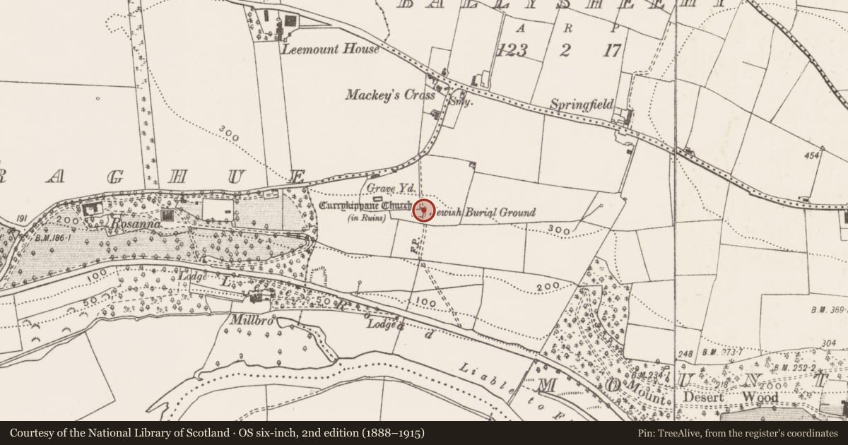 Ordnance Survey six-inch map, 2nd edition (1888–1915) covering the location of Burial ground, Mountdesert, County Cork, with a pin at the register's coordinates