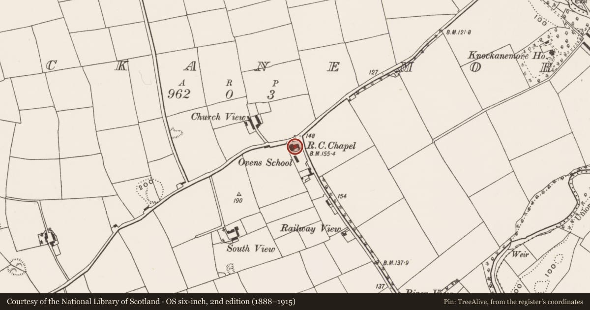 Ordnance Survey six-inch map, 2nd edition (1888–1915) covering the location of Church, Knockanemore, County Cork, with a pin at the register's coordinates