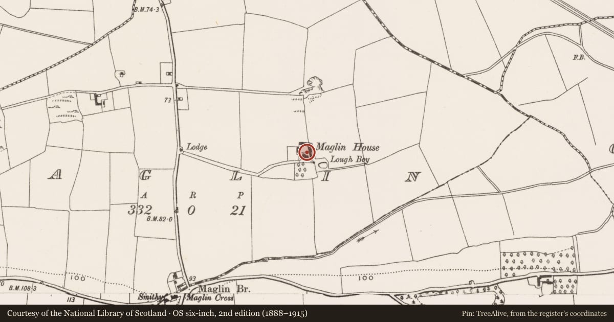 Ordnance Survey six-inch map, 2nd edition (1888–1915) covering the location of Country house, Maglin, County Cork, with a pin at the register's coordinates