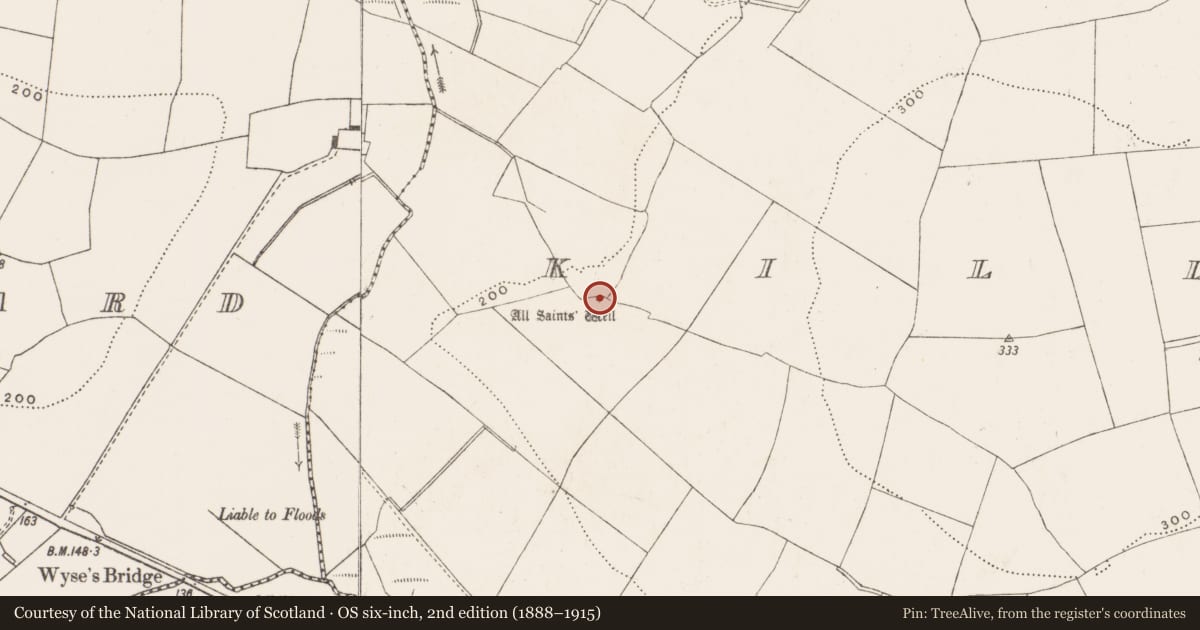 Ordnance Survey six-inch map, 2nd edition (1888–1915) covering the location of Ritual site - holy well, Killeens, County Cork, with a pin at the register's coordinates