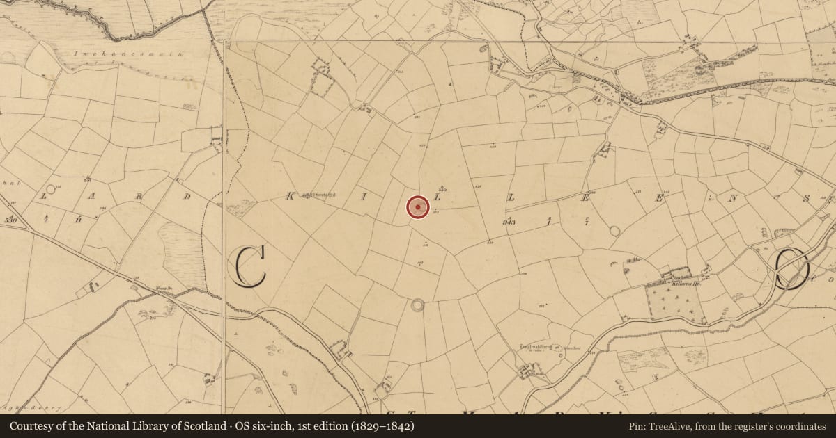 Ordnance Survey six-inch map, 1st edition (1829–1842) covering the location of Ringfort - rath, Killeens, County Cork, with a pin at the register's coordinates