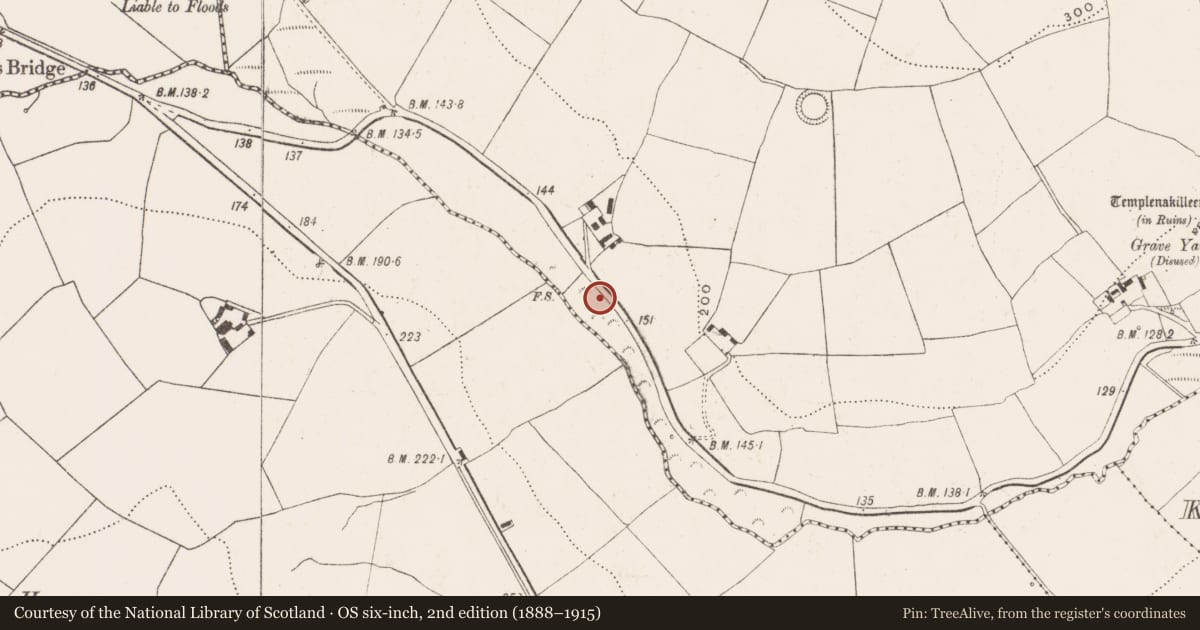 Ordnance Survey six-inch map, 2nd edition (1888–1915) covering the location of Fulacht fia, Killeens, County Cork, with a pin at the register's coordinates