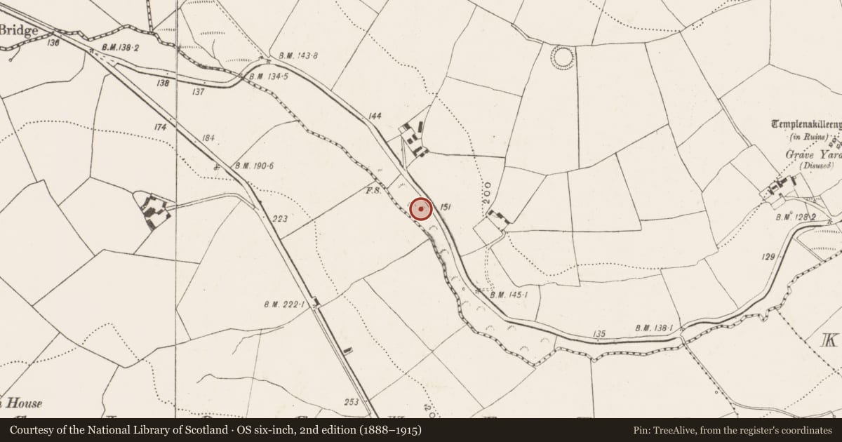 Ordnance Survey six-inch map, 2nd edition (1888–1915) covering the location of Fulacht fia, Killeens, County Cork, with a pin at the register's coordinates
