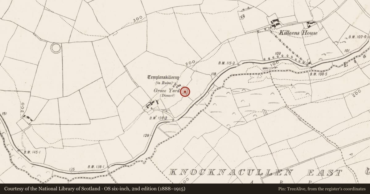 Ordnance Survey six-inch map, 2nd edition (1888–1915) covering the location of Graveyard, Killeens, County Cork, with a pin at the register's coordinates