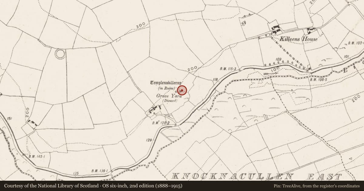 Ordnance Survey six-inch map, 2nd edition (1888–1915) covering the location of Church, Killeens, County Cork, with a pin at the register's coordinates