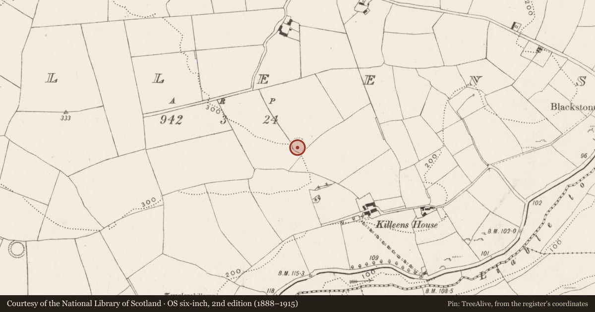 Ordnance Survey six-inch map, 2nd edition (1888–1915) covering the location of Ringfort - rath, Killeens, County Cork, with a pin at the register's coordinates