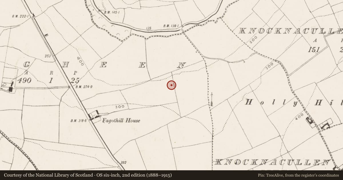 Ordnance Survey six-inch map, 2nd edition (1888–1915) covering the location of Standing stone, Clogheen, County Cork, with a pin at the register's coordinates