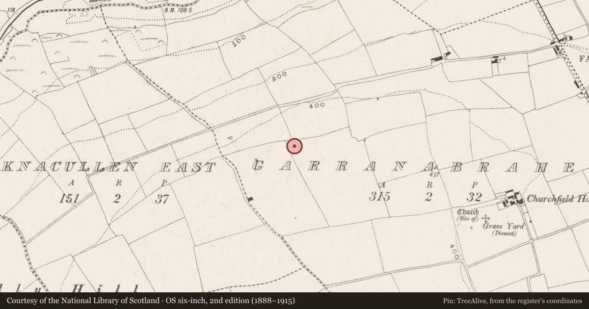 Ordnance Survey six-inch map, 2nd edition (1888–1915) covering the location of Standing stone, Garranabraher, County Cork, with a pin at the register's coordinates