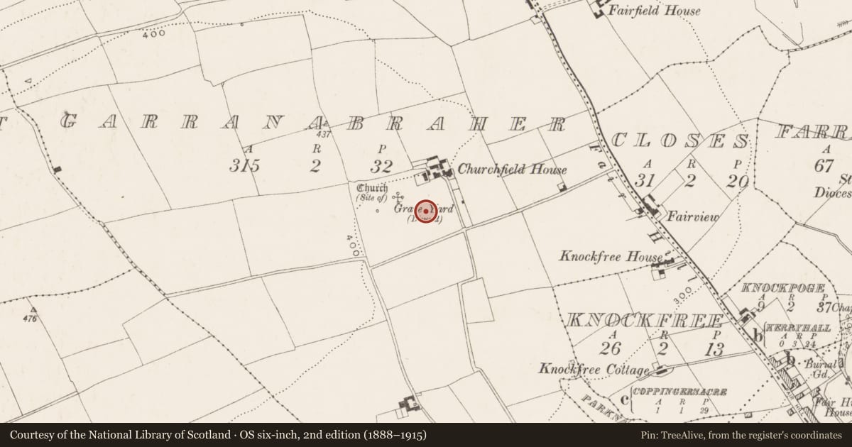 Ordnance Survey six-inch map, 2nd edition (1888–1915) covering the location of Graveyard, Garranabraher, County Cork, with a pin at the register's coordinates