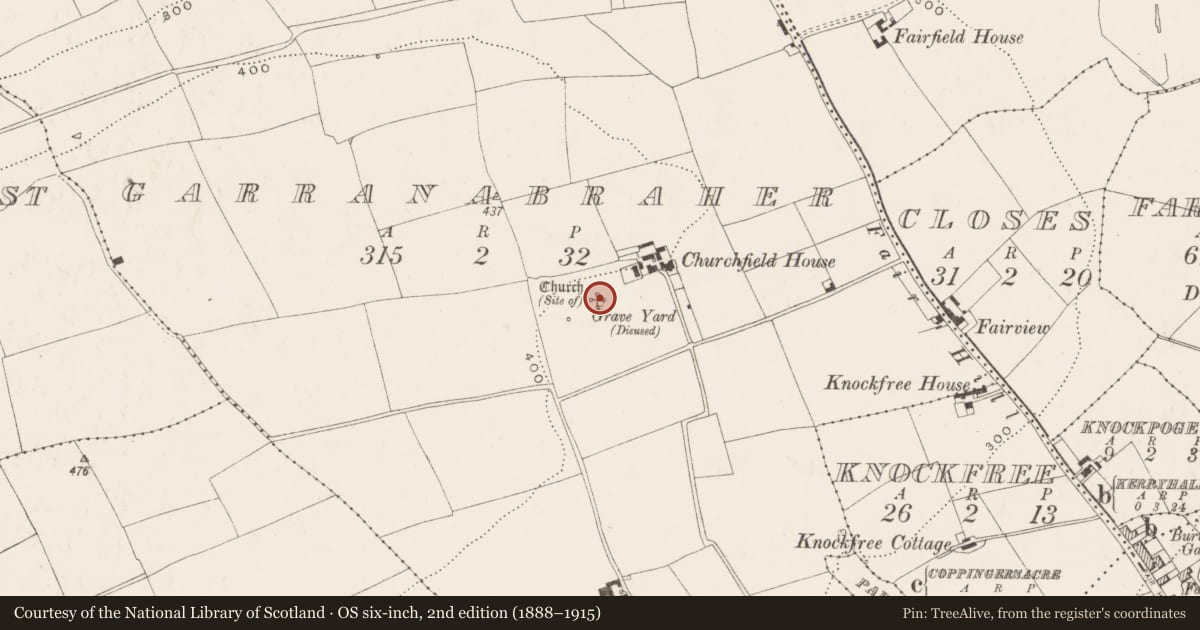 Ordnance Survey six-inch map, 2nd edition (1888–1915) covering the location of Church, Garranabraher, County Cork, with a pin at the register's coordinates