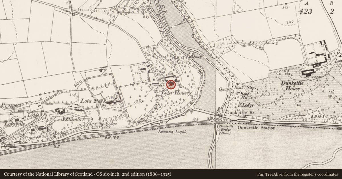 Ordnance Survey six-inch map, 2nd edition (1888–1915) covering the location of Country house, Lotamore, County Cork, with a pin at the register's coordinates