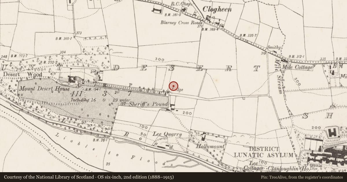 Ordnance Survey six-inch map, 2nd edition (1888–1915) covering the location of Fulacht fia, Mountdesert, County Cork, with a pin at the register's coordinates