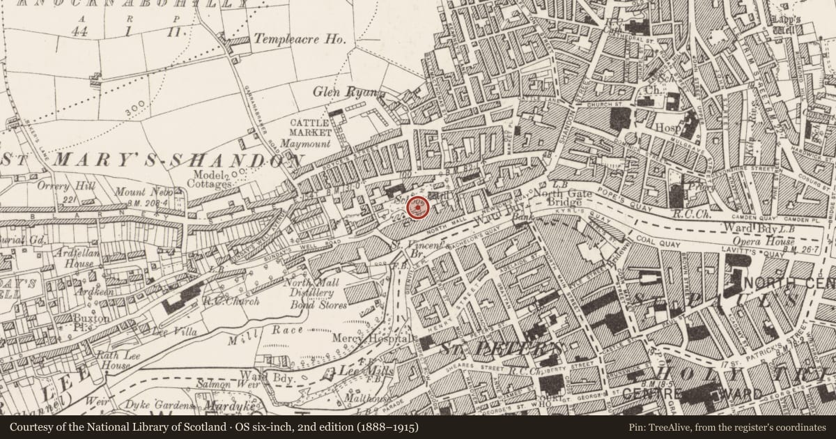 Ordnance Survey six-inch map, 2nd edition (1888–1915) covering the location of Ritual site - holy well, Cork City, County Cork, with a pin at the register's coordinates
