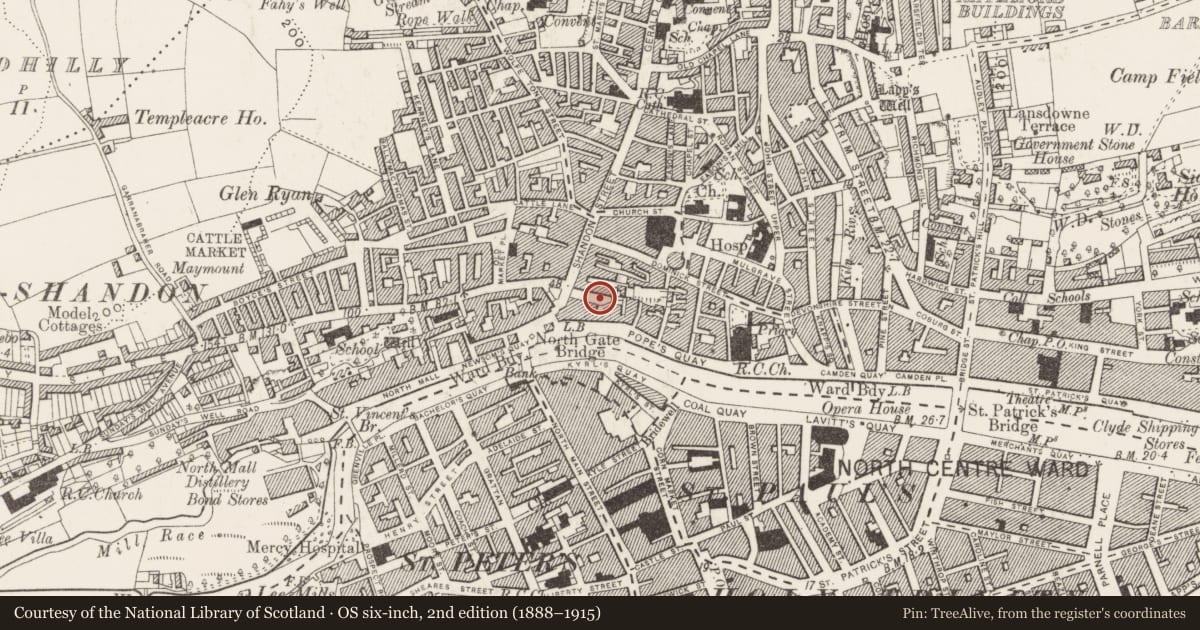 Ordnance Survey six-inch map, 2nd edition (1888–1915) covering the location of Church, Cork City, County Cork, with a pin at the register's coordinates