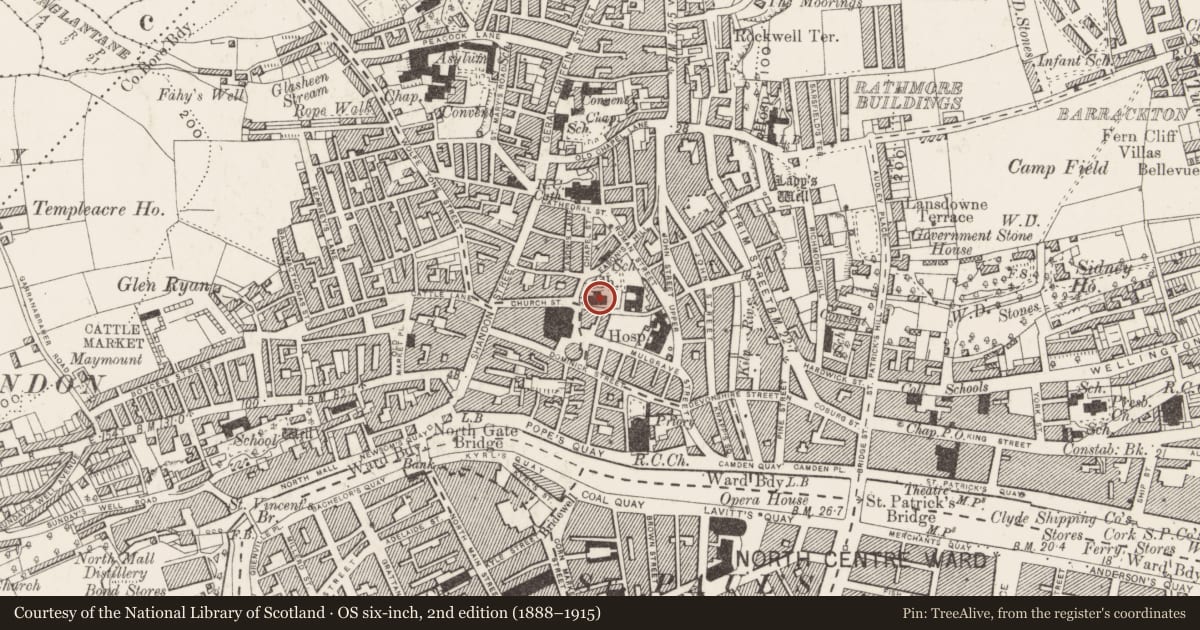 Ordnance Survey six-inch map, 2nd edition (1888–1915) covering the location of Church, Cork City, County Cork, with a pin at the register's coordinates
