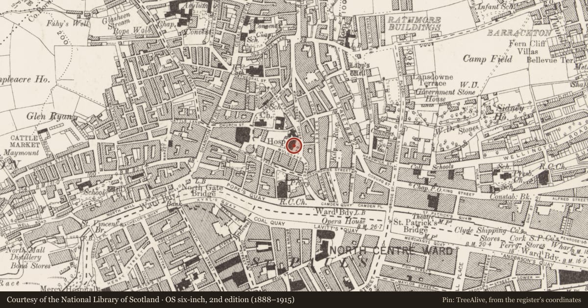 Ordnance Survey six-inch map, 2nd edition (1888–1915) covering the location of Leper hospital, Cork City, County Cork, with a pin at the register's coordinates