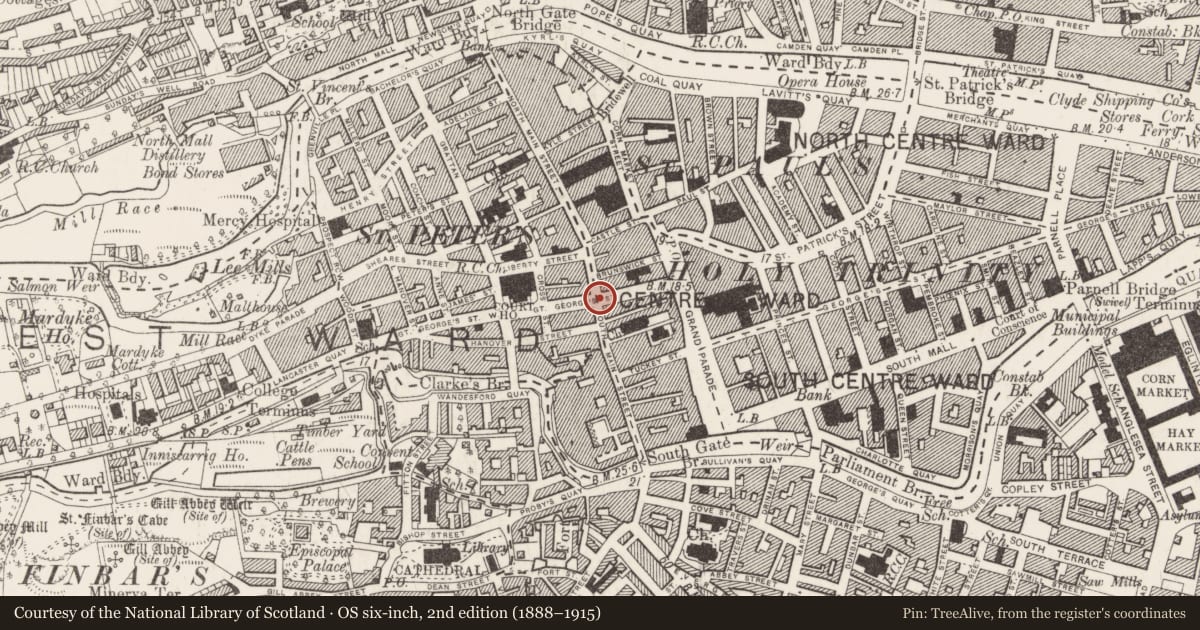Ordnance Survey six-inch map, 2nd edition (1888–1915) covering the location of Historic town, Cork City, County Cork, with a pin at the register's coordinates