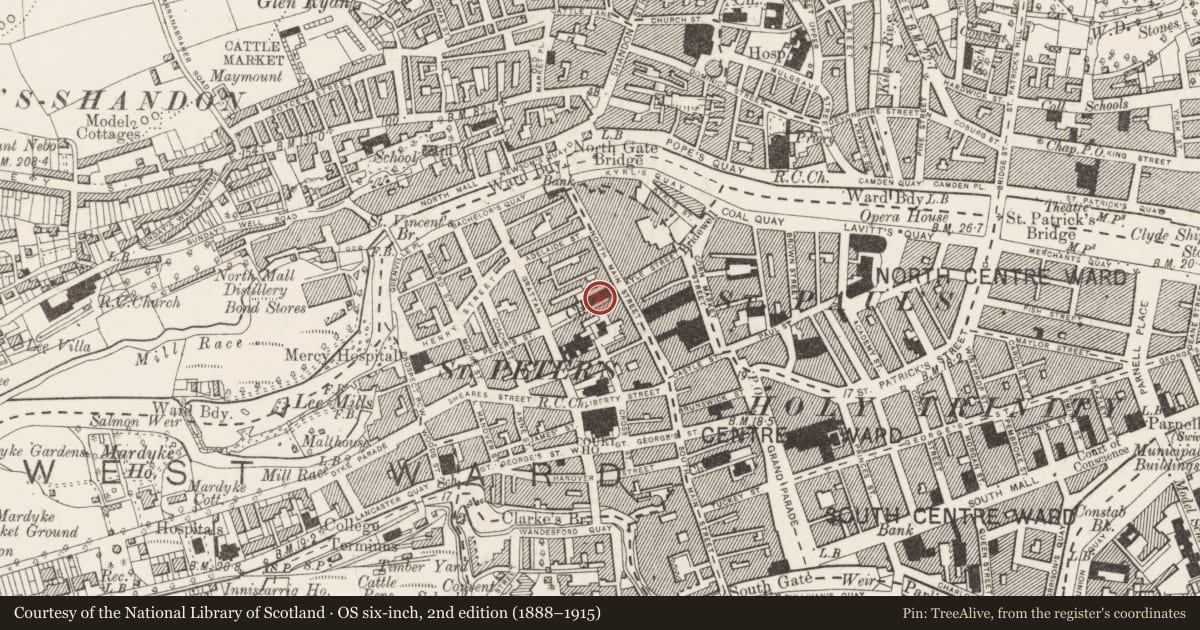 Ordnance Survey six-inch map, 2nd edition (1888–1915) covering the location of Church, Cork City, County Cork, with a pin at the register's coordinates