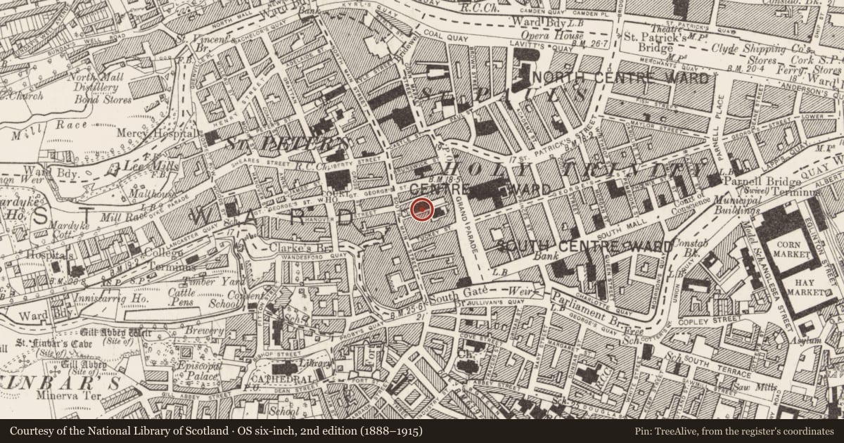 Ordnance Survey six-inch map, 2nd edition (1888–1915) covering the location of Church, Cork City, County Cork, with a pin at the register's coordinates