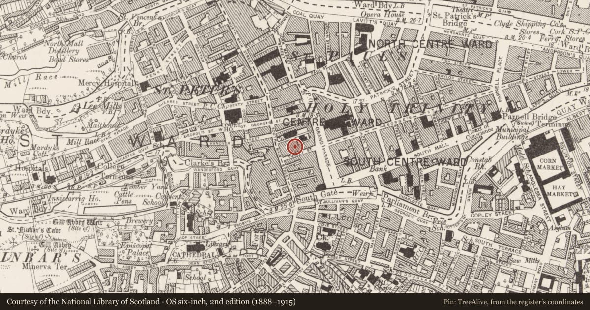 Ordnance Survey six-inch map, 2nd edition (1888–1915) covering the location of College, Cork City, County Cork, with a pin at the register's coordinates