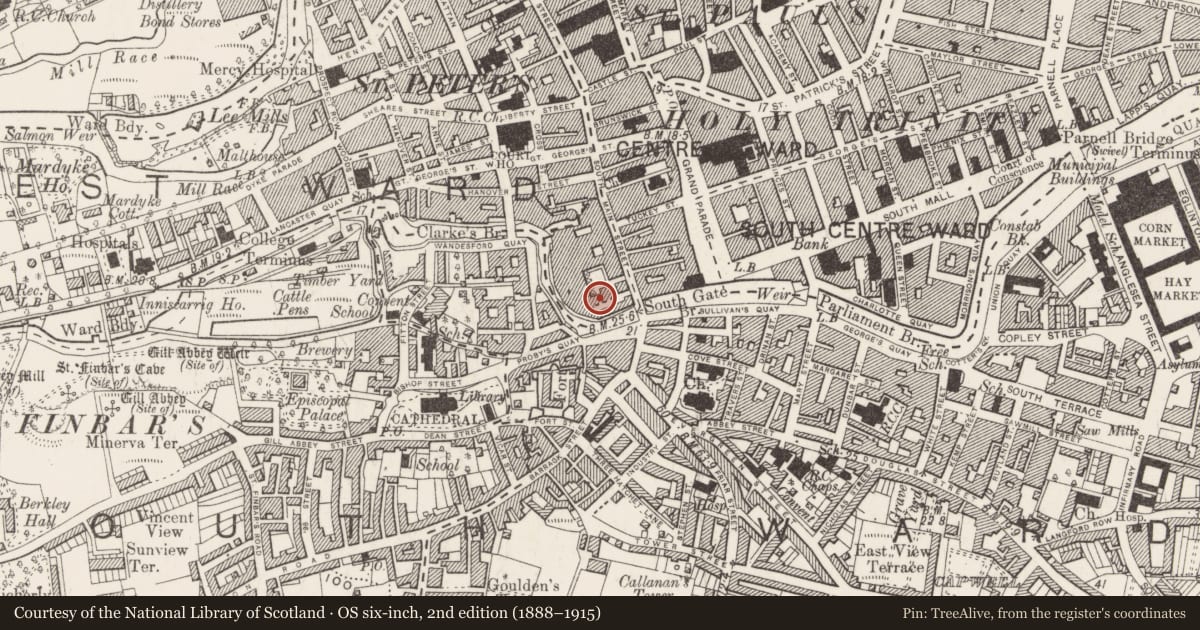 Ordnance Survey six-inch map, 2nd edition (1888–1915) covering the location of Church, Cork City, County Cork, with a pin at the register's coordinates