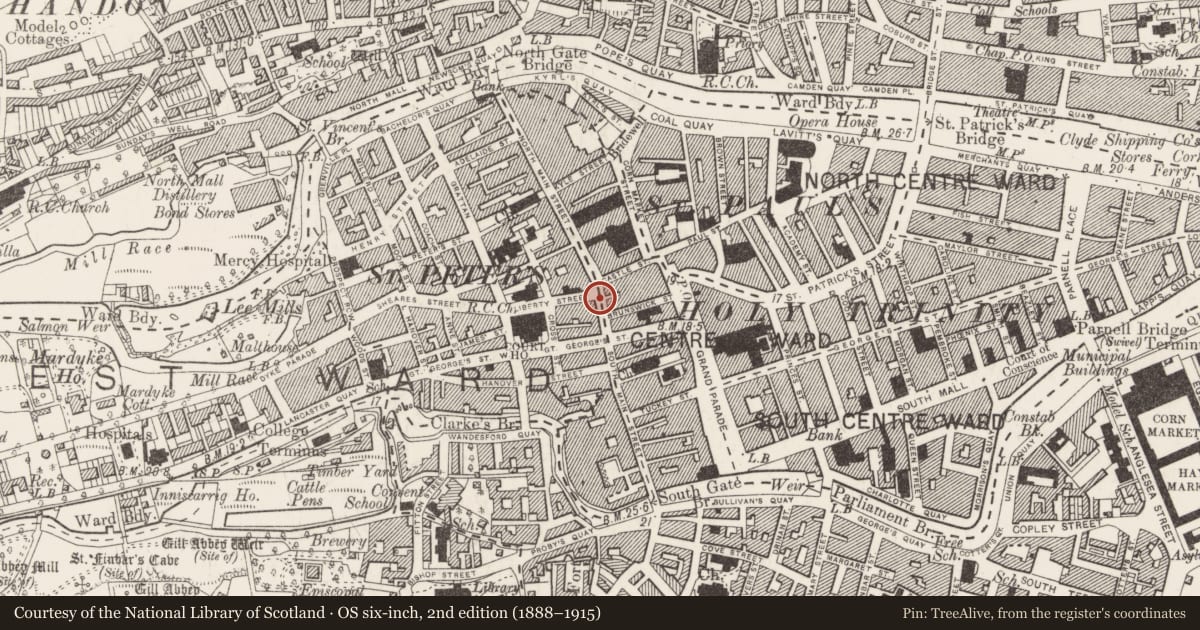 Ordnance Survey six-inch map, 2nd edition (1888–1915) covering the location of Armorial plaque (present location), Cork City, County Cork, with a pin at the register's coordinates