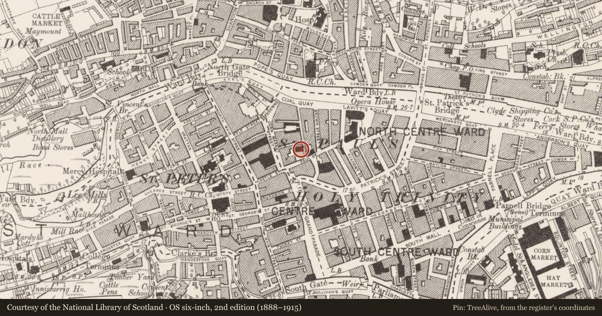 Ordnance Survey six-inch map, 2nd edition (1888–1915) covering the location of Church, Cork City, County Cork, with a pin at the register's coordinates