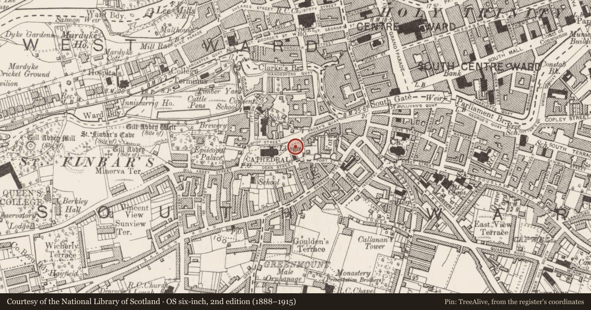 Ordnance Survey six-inch map, 2nd edition (1888–1915) covering the location of Round tower, Cork City, County Cork, with a pin at the register's coordinates