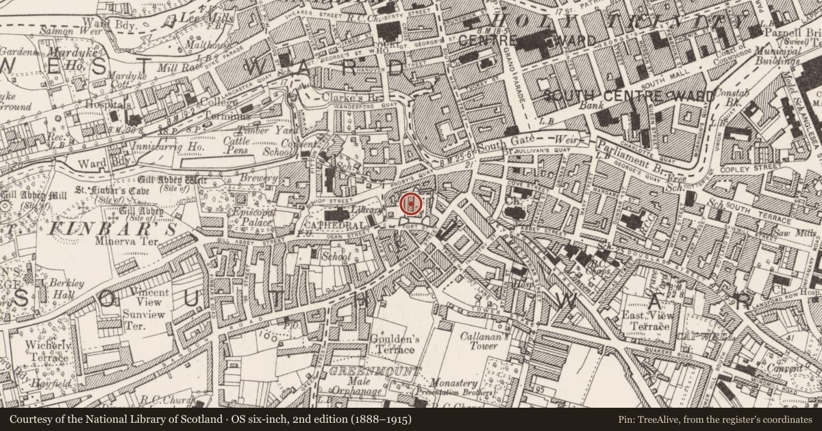 Ordnance Survey six-inch map, 2nd edition (1888–1915) covering the location of Bastioned fort, Cork City, County Cork, with a pin at the register's coordinates