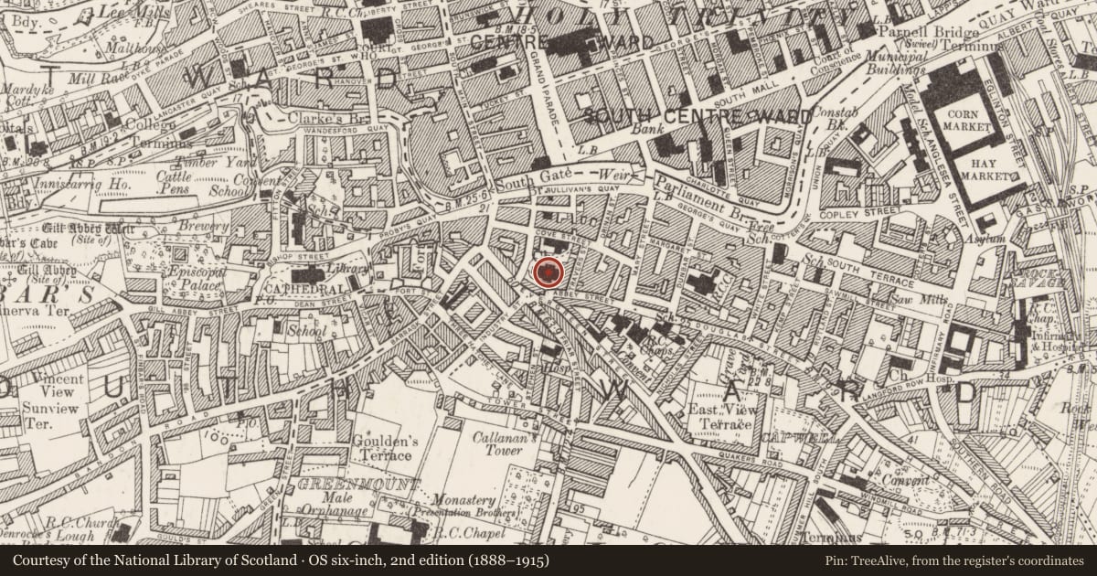 Ordnance Survey six-inch map, 2nd edition (1888–1915) covering the location of Church, Cork City, County Cork, with a pin at the register's coordinates