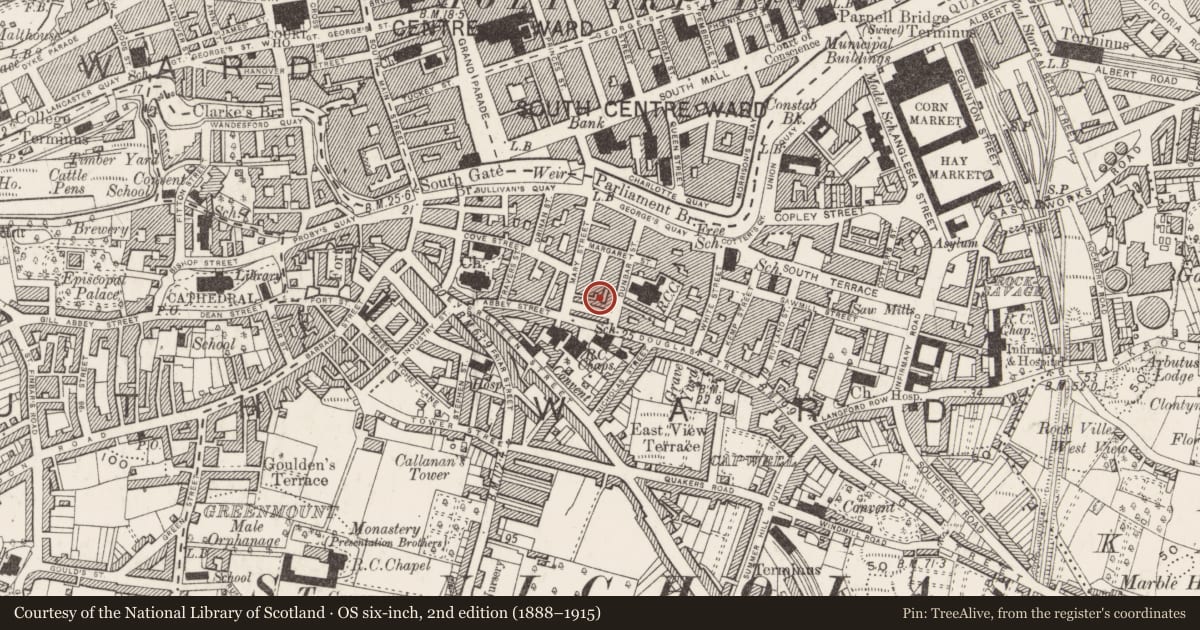 Ordnance Survey six-inch map, 2nd edition (1888–1915) covering the location of Religious house - Augustinian friars, Cork City, County Cork, with a pin at the register's coordinates