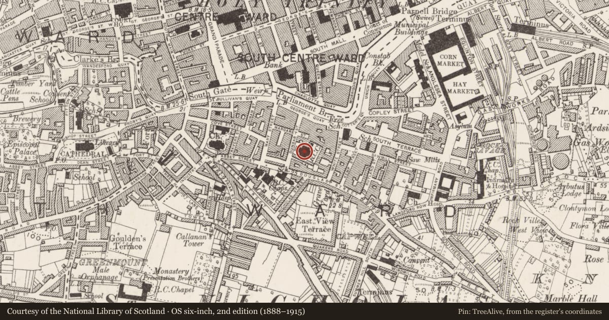 Ordnance Survey six-inch map, 2nd edition (1888–1915) covering the location of Church, Cork City, County Cork, with a pin at the register's coordinates