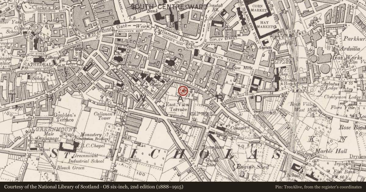 Ordnance Survey six-inch map, 2nd edition (1888–1915) covering the location of Church, Cork City, County Cork, with a pin at the register's coordinates