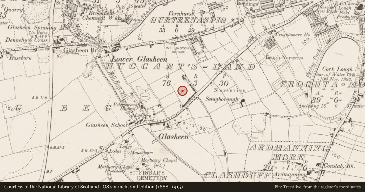 Ordnance Survey six-inch map, 2nd edition (1888–1915) covering the location of Souterrain, Huggarts-Land, County Cork, with a pin at the register's coordinates