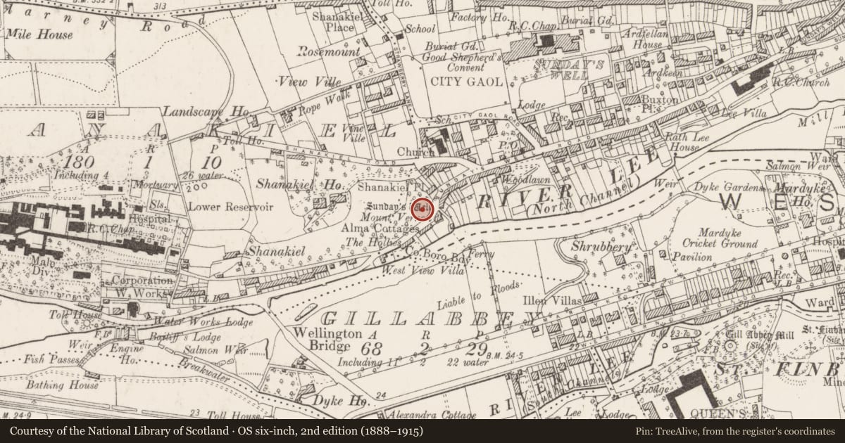 Ordnance Survey six-inch map, 2nd edition (1888–1915) covering the location of Ritual site - holy well, Sunday'S Well, County Cork, with a pin at the register's coordinates