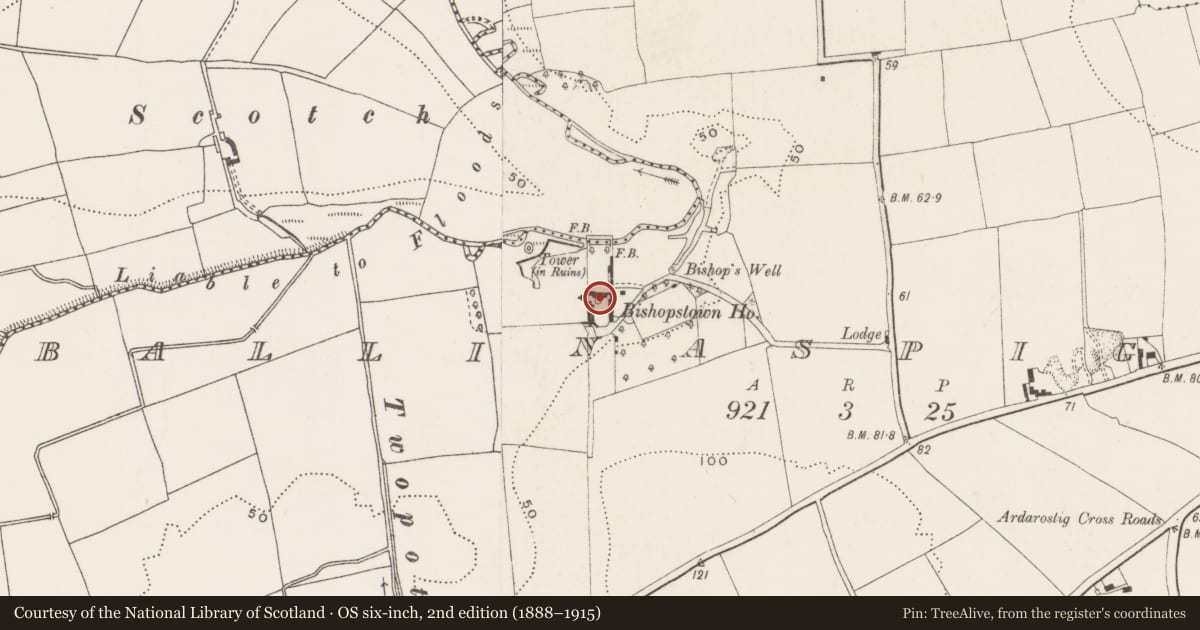 Ordnance Survey six-inch map, 2nd edition (1888–1915) covering the location of Country house, Ballinaspig More, County Cork, with a pin at the register's coordinates