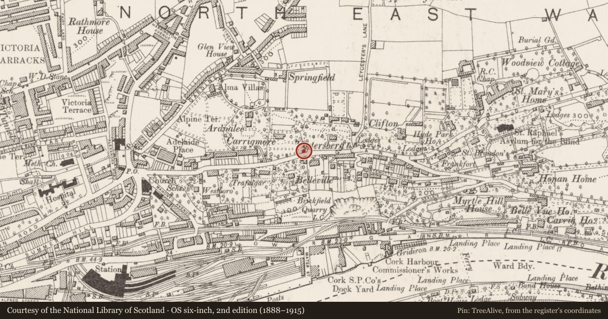 Ordnance Survey six-inch map, 2nd edition (1888–1915) covering the location of Church, Ballinamought West/Montenotte, County Cork, with a pin at the register's coordinates
