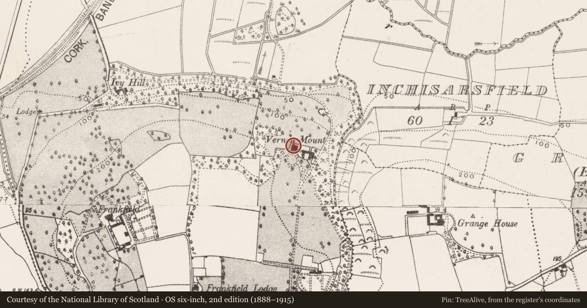 Ordnance Survey six-inch map, 2nd edition (1888–1915) covering the location of Country house, Curraghconway, County Cork, with a pin at the register's coordinates