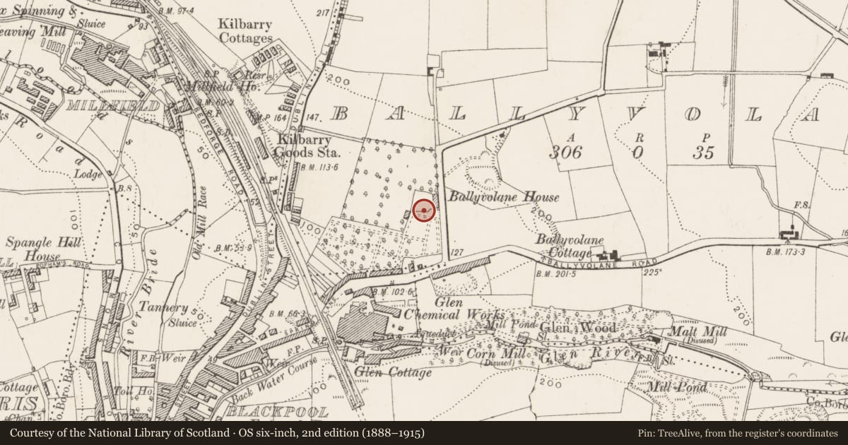 Ordnance Survey six-inch map, 2nd edition (1888–1915) covering the location of Country house, Ballyvolane, County Cork, with a pin at the register's coordinates