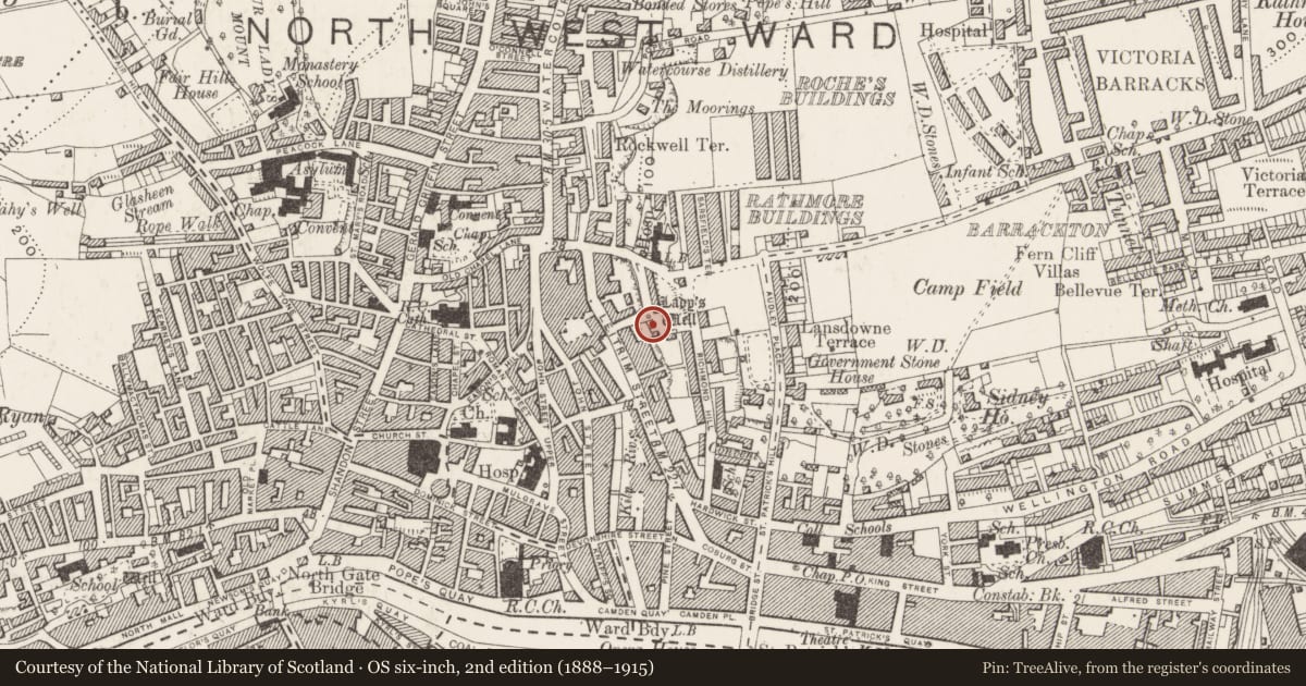 Ordnance Survey six-inch map, 2nd edition (1888–1915) covering the location of Ritual site - holy well, Cork City, County Cork, with a pin at the register's coordinates