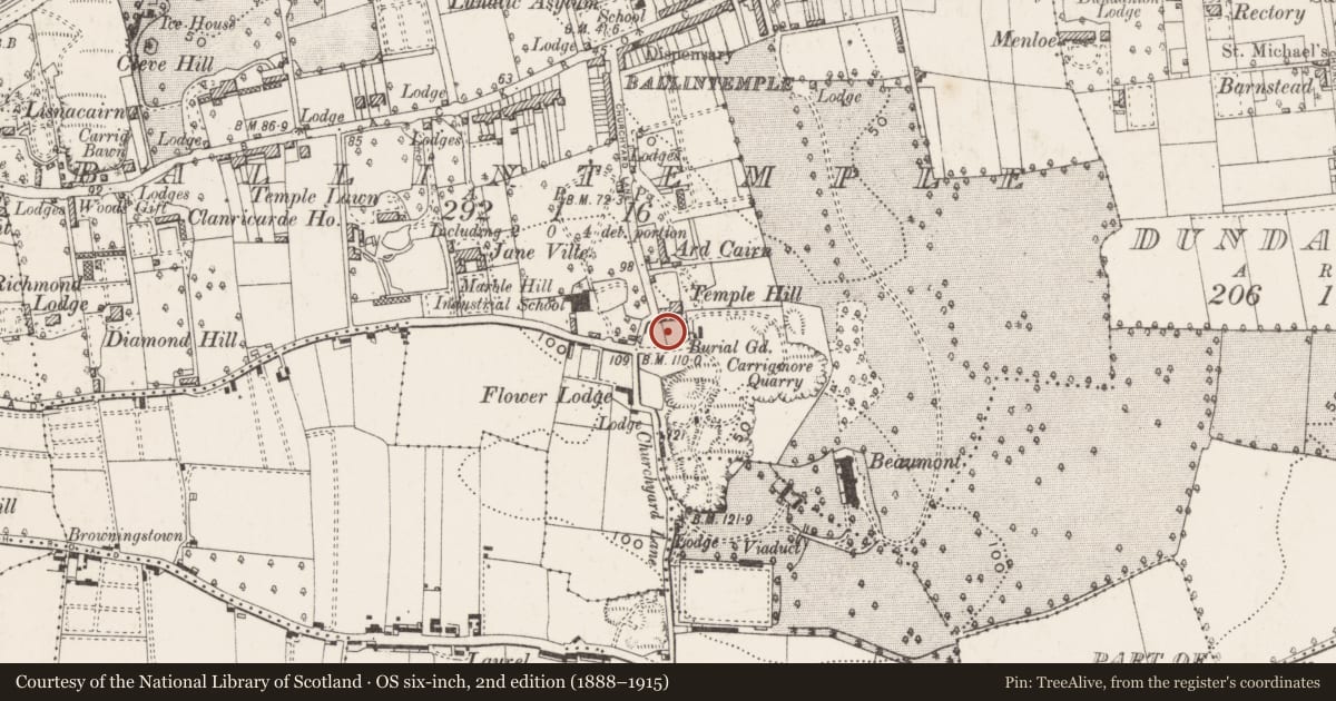 Ordnance Survey six-inch map, 2nd edition (1888–1915) covering the location of Graveyard, Ballintemple, County Cork, with a pin at the register's coordinates