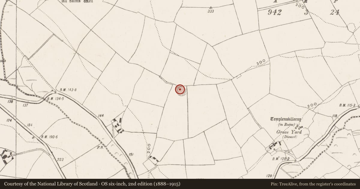 Ordnance Survey six-inch map, 2nd edition (1888–1915) covering the location of Souterrain, Killeens, County Cork, with a pin at the register's coordinates
