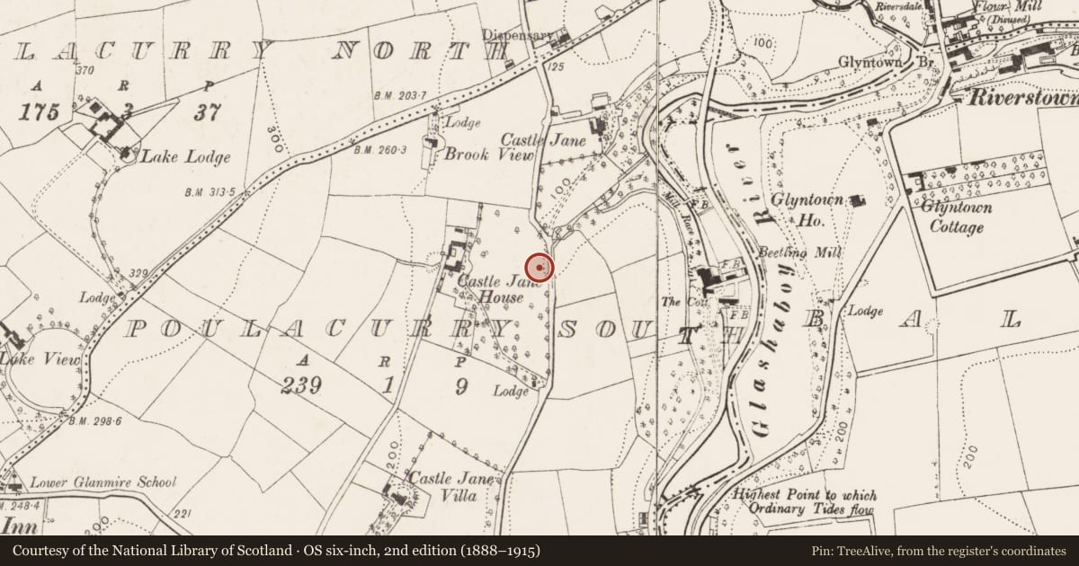 Ordnance Survey six-inch map, 2nd edition (1888–1915) covering the location of Mound, Poulacurry South, County Cork, with a pin at the register's coordinates