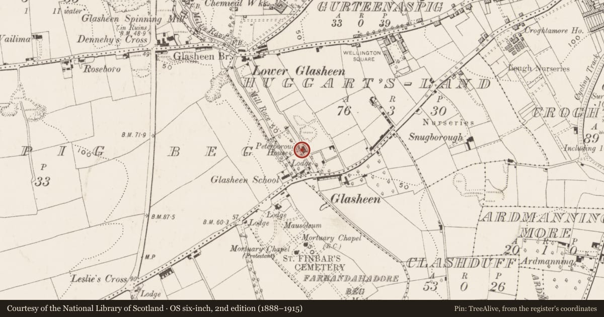 Ordnance Survey six-inch map, 2nd edition (1888–1915) covering the location of Country house, Huggarts-Land, County Cork, with a pin at the register's coordinates