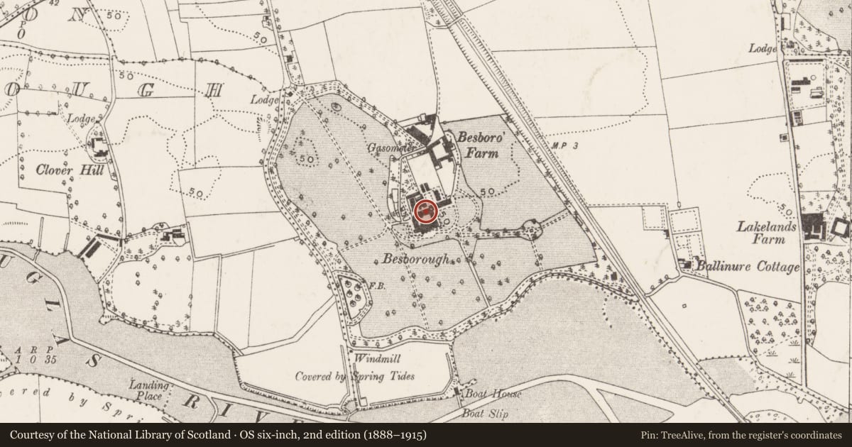 Ordnance Survey six-inch map, 2nd edition (1888–1915) covering the location of Country house, Ballinure, County Cork, with a pin at the register's coordinates