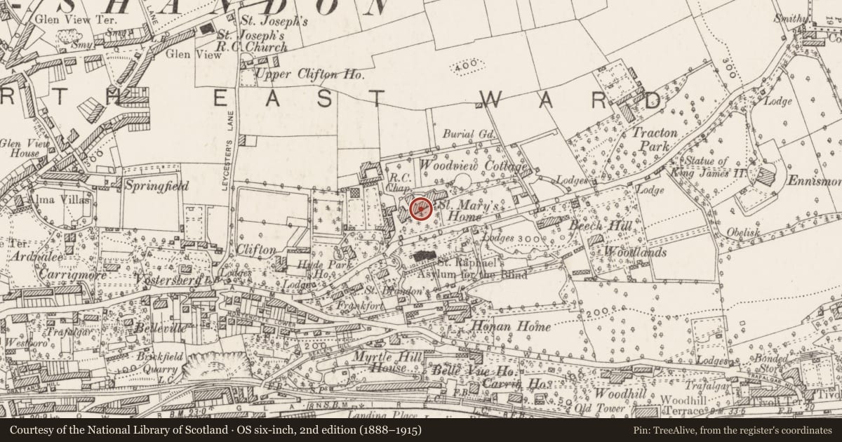 Ordnance Survey six-inch map, 2nd edition (1888–1915) covering the location of Country house, Ballinamought West/Montenotte, County Cork, with a pin at the register's coordinates