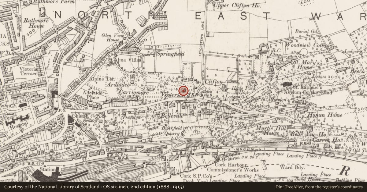 Ordnance Survey six-inch map, 2nd edition (1888–1915) covering the location of Country house, Ballinamought West/Montenotte, County Cork, with a pin at the register's coordinates