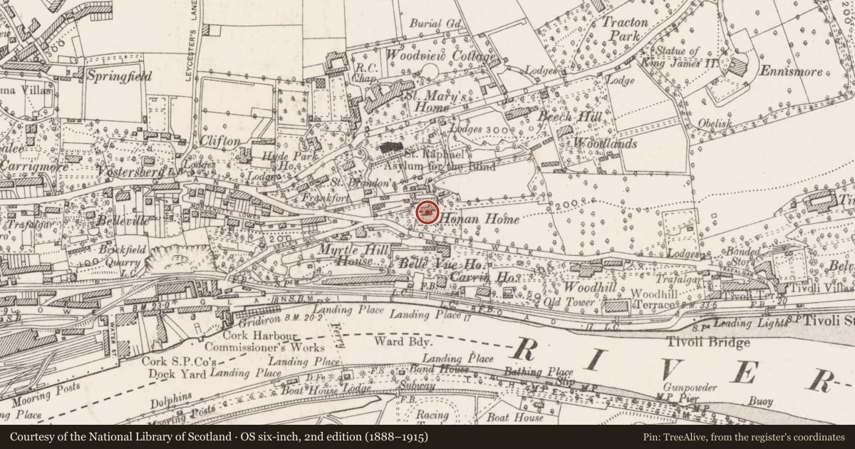 Ordnance Survey six-inch map, 2nd edition (1888–1915) covering the location of Country house, Ballinamought West/Montenotte, County Cork, with a pin at the register's coordinates